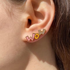 Maria Kotsoni-Contemporary 18k Yellow Gold Pink Enamel Diamond Wow Ear Climbers