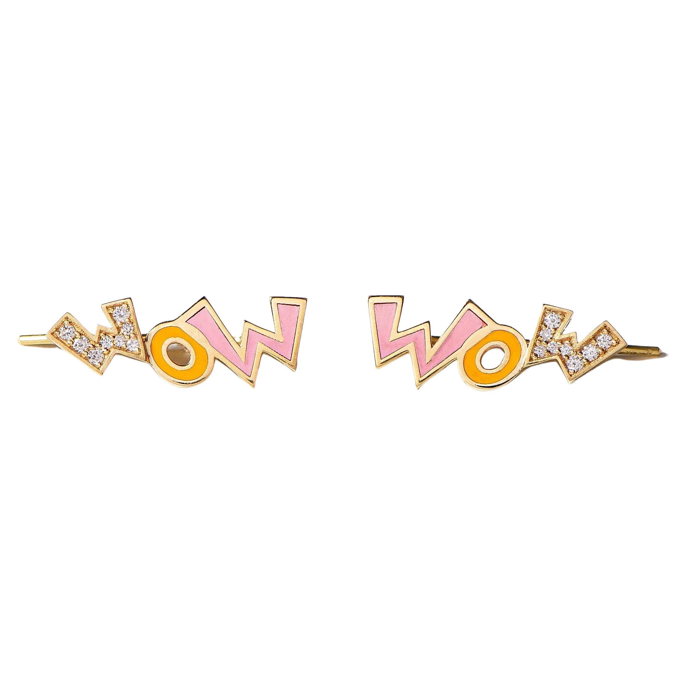 Maria Kotsoni-Contemporary 18k Yellow Gold Pink Enamel Diamond Wow Ear Climbers For Sale