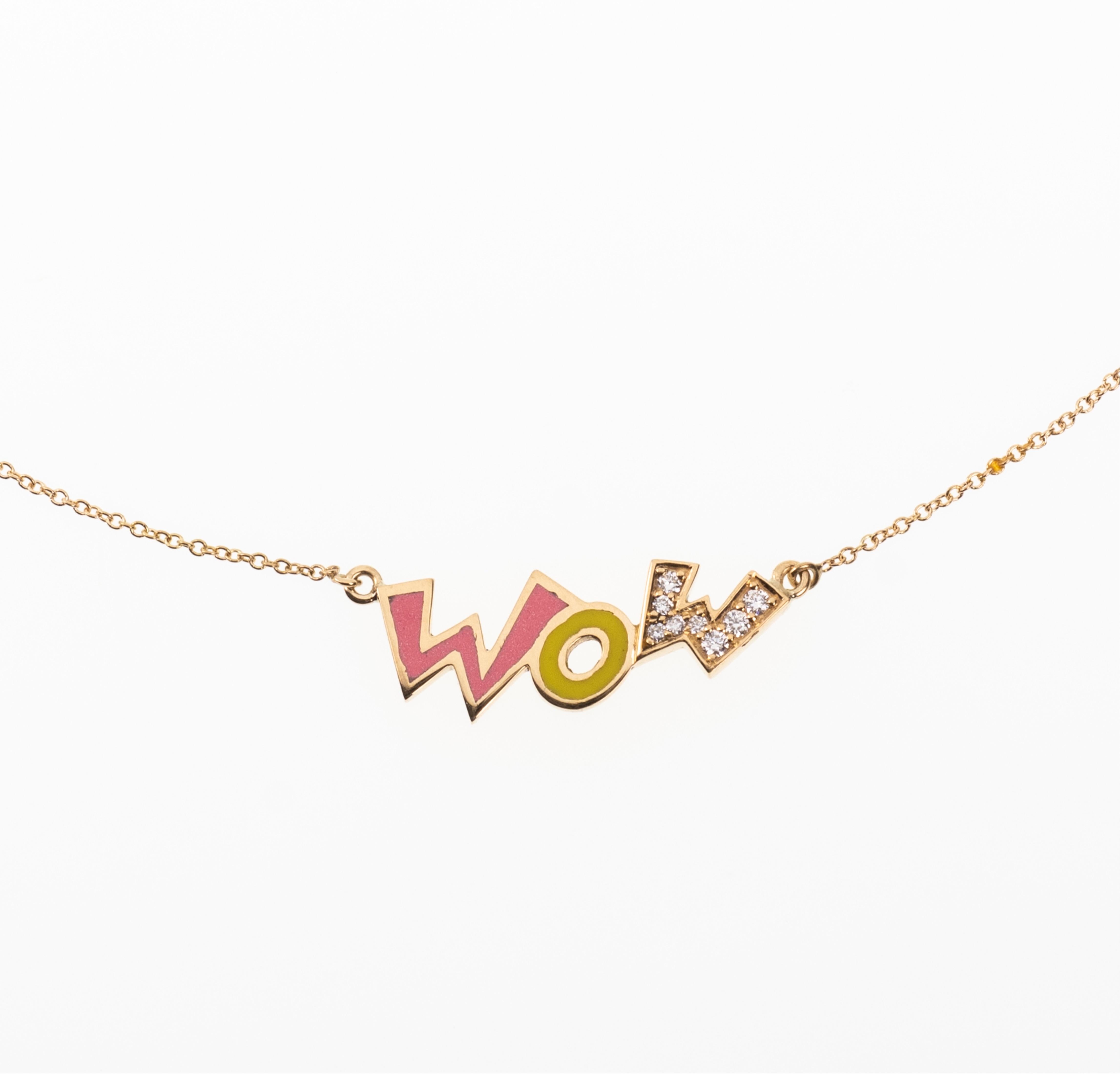 The Wow, necklace is crafted in 18K yellow gold, hallmarked in Cyprus. This fun and colourful pendant, necklace comes in a highly polished finish featuring pink and yellow enamel and white Diamonds totaling 0.1 Cts. Light and comfortable, it’s