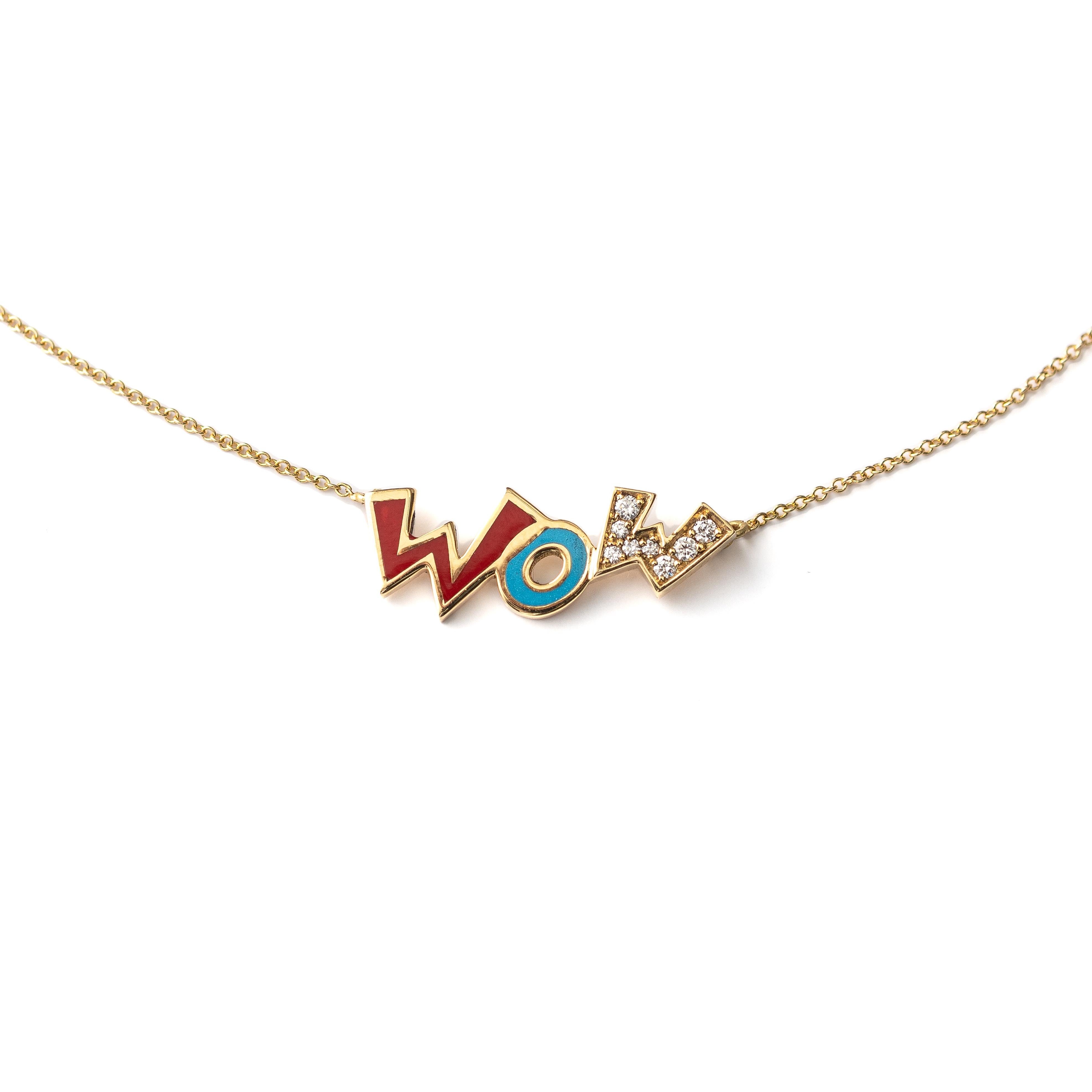 The Wow, necklace is crafted in 18K yellow gold, hallmarked in Cyprus. This fun and colourful pendant, necklace comes in a highly polished finish and features Red and blue enamel as well as 0.1 Cts of white Diamonds. Light and comfortable, it’s 