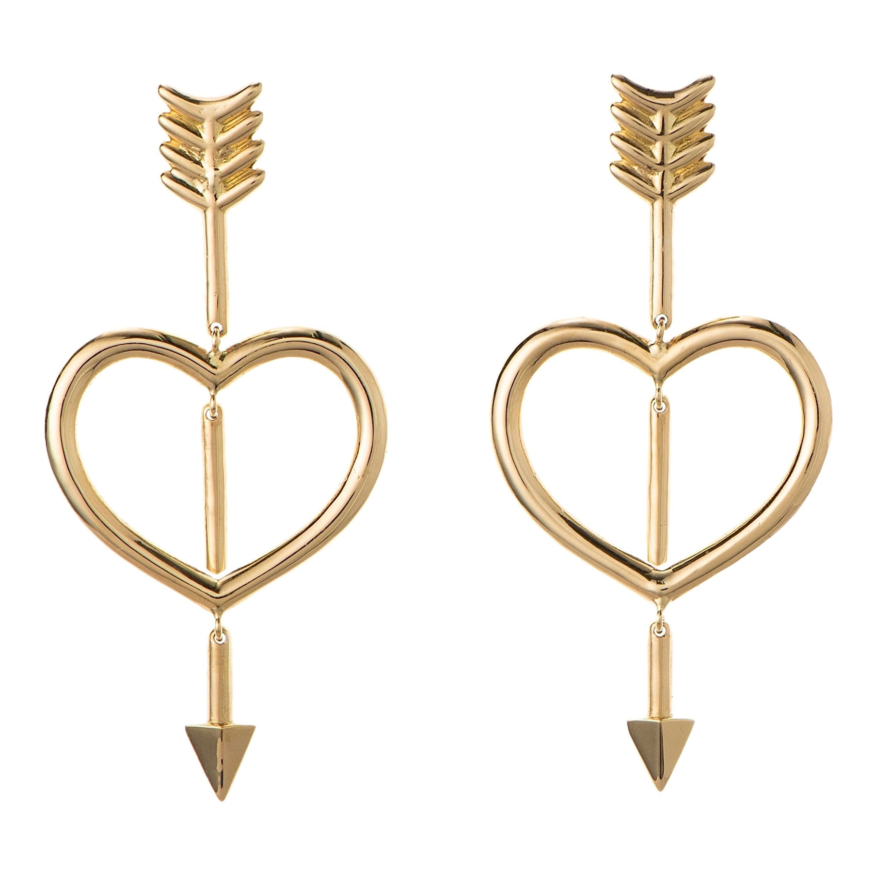 Maria Kotsoni- Pendientes Contemporáneos Articulados Corazón y Flecha de Oro Amarillo de 18 K en venta