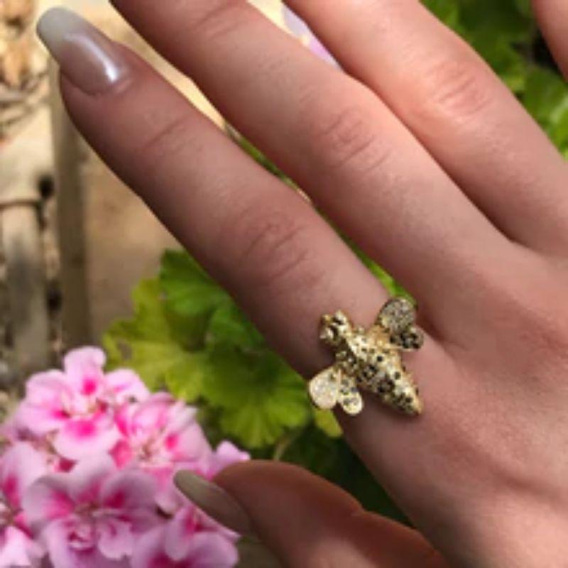 Brilliant Cut Maria Kotsoni, Contemporary Hand Sculpted 18k Gold Diamond Flying Bee Ring For Sale