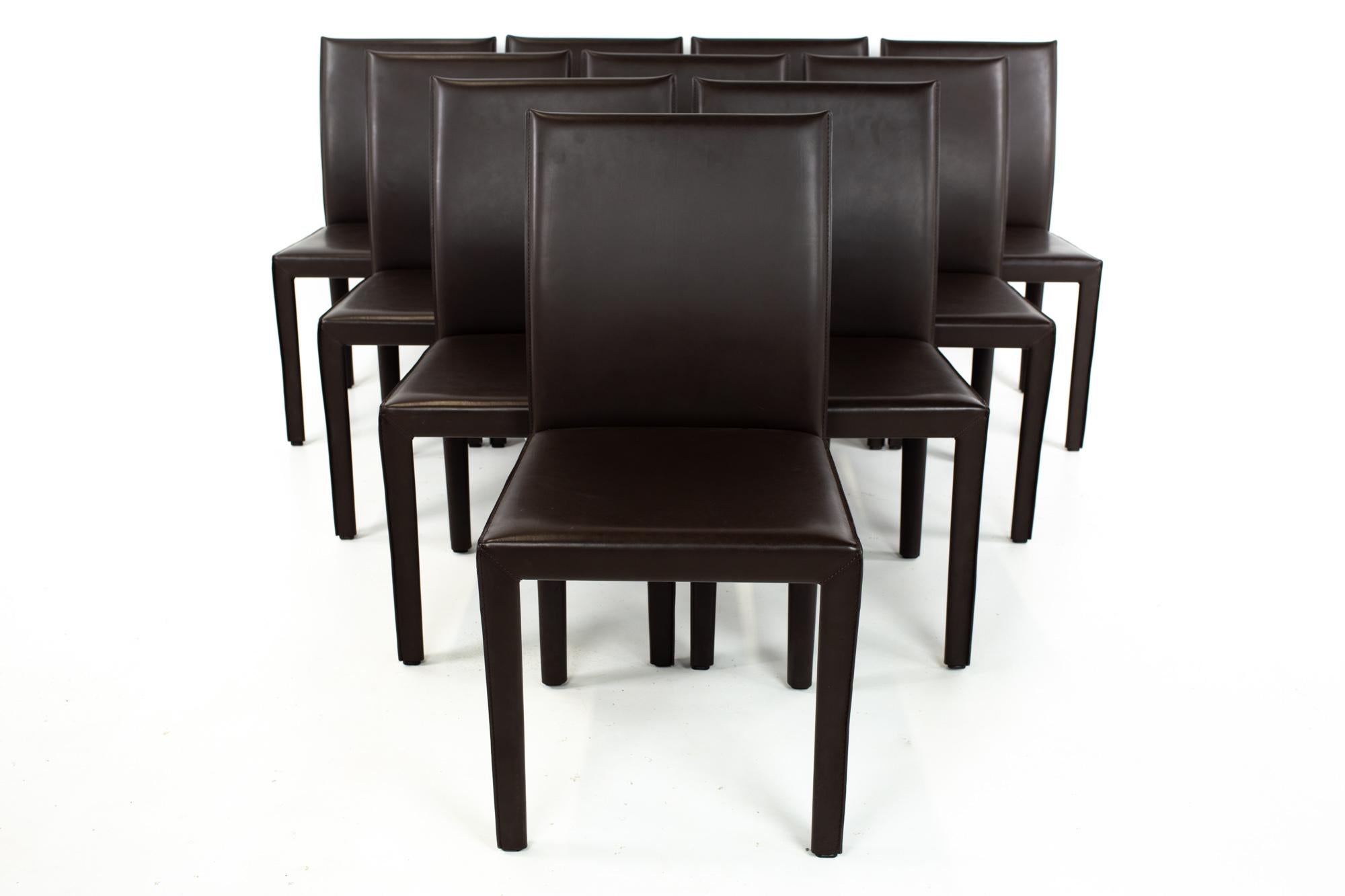 Maria Lee leather dining chairs, set of 10
Each chair measures: 18.5 wide x 21 deep x 36 high, with a seat height of 18.5 inches

This piece is available in what we call restored vintage condition. Upon purchase it is thoroughly cleaned and minor