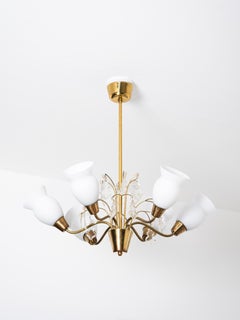 Maria Lindeman Model 1-2 Brass & Frosted Glass Chandelier, Idman, Finland, 1950s