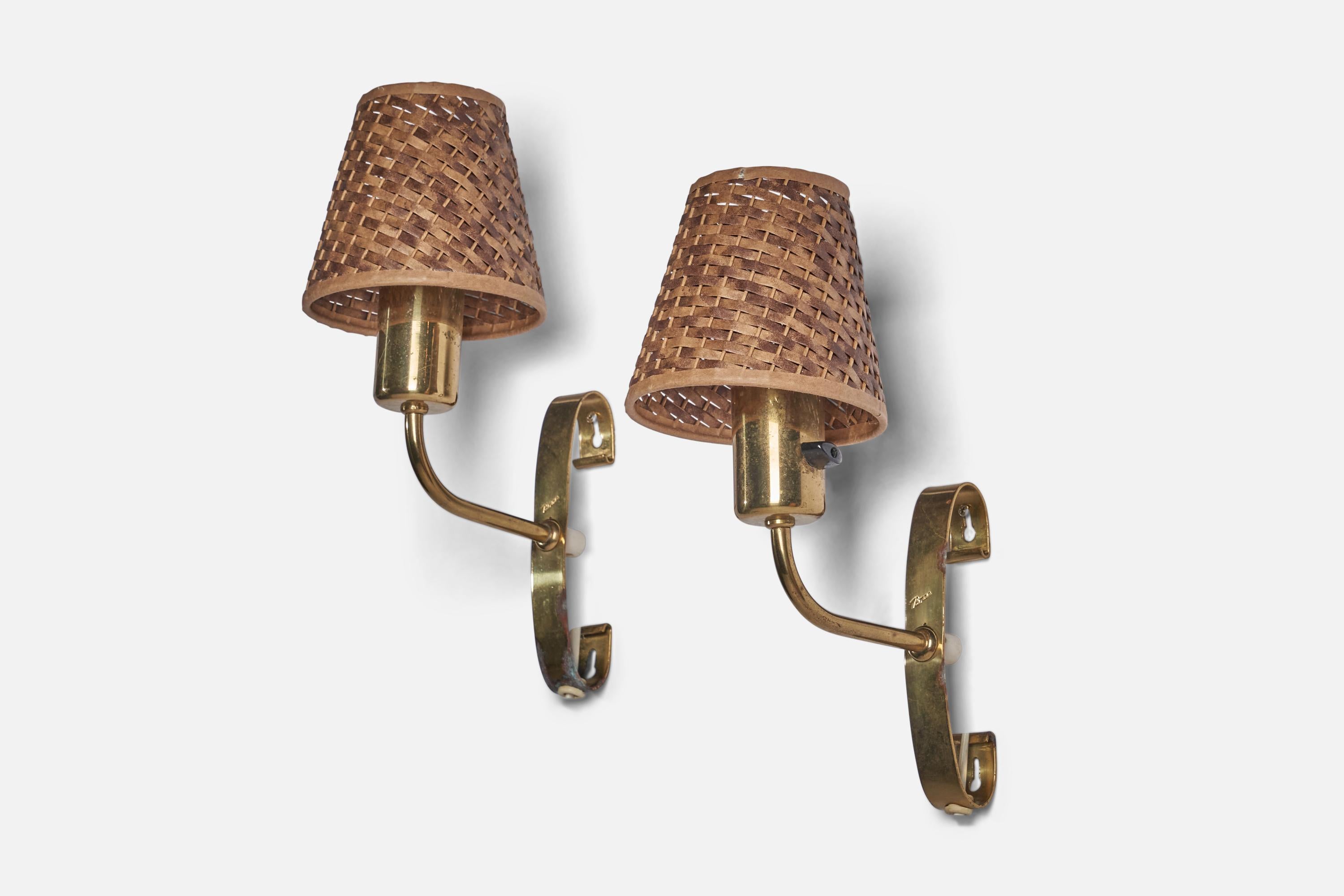 Mid-Century Modern Maria Lindeman, Wall Lights, Brass, Rattan, Finland, 1950s For Sale