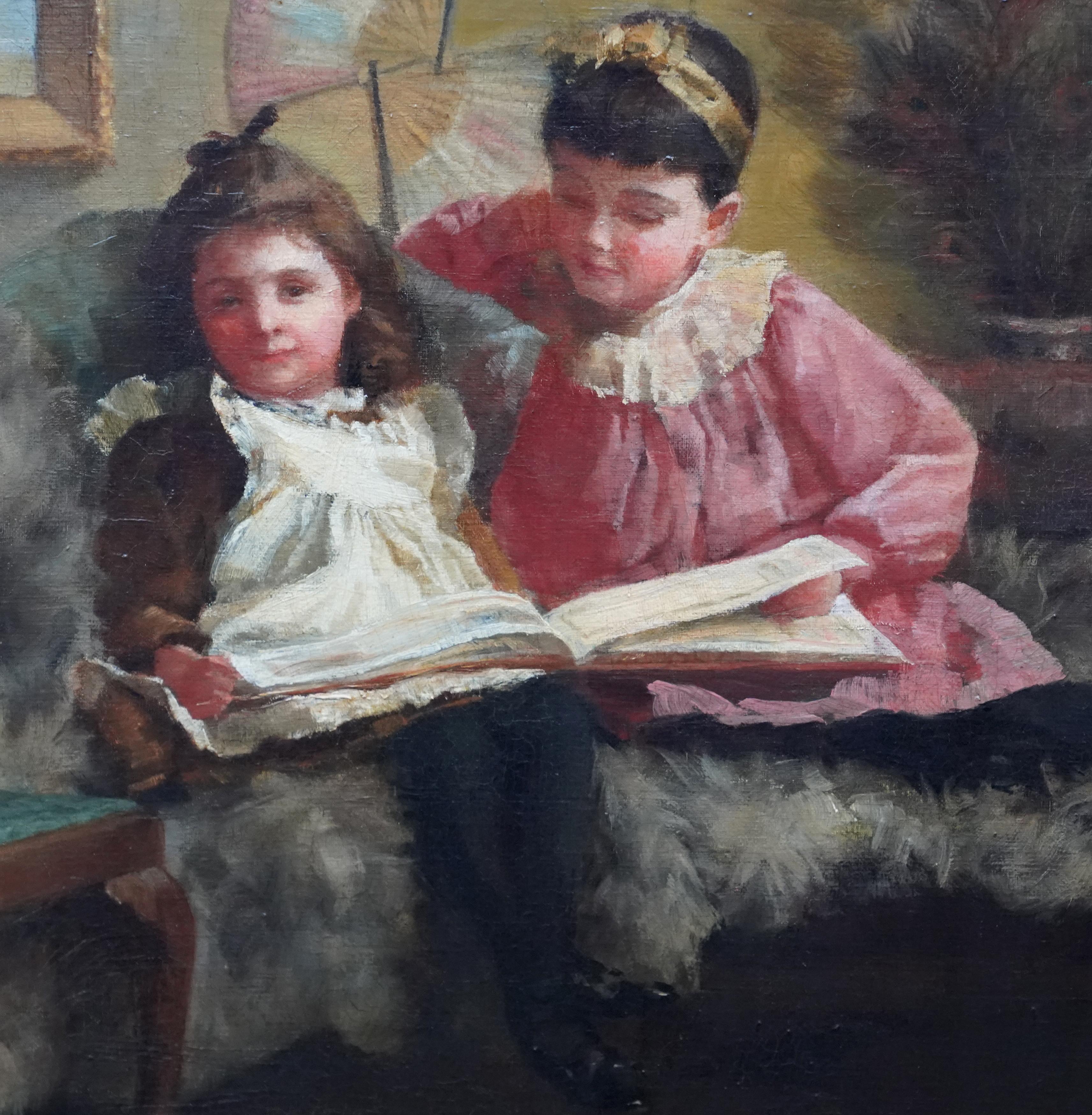 This absolutely charming exhibited British Victorian oil painting is by female artist Maria Louisa Angus. Painted in 1891, it was exhibited at the Royal Academy that same year. The composition is an interior scene with two young girls on a sofa,