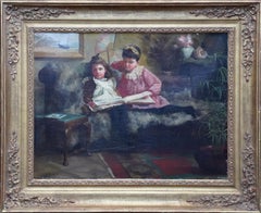 Out of Mischief - Peinture à l'huile d'un portrait d'intérieur victorien britannique de 1891 