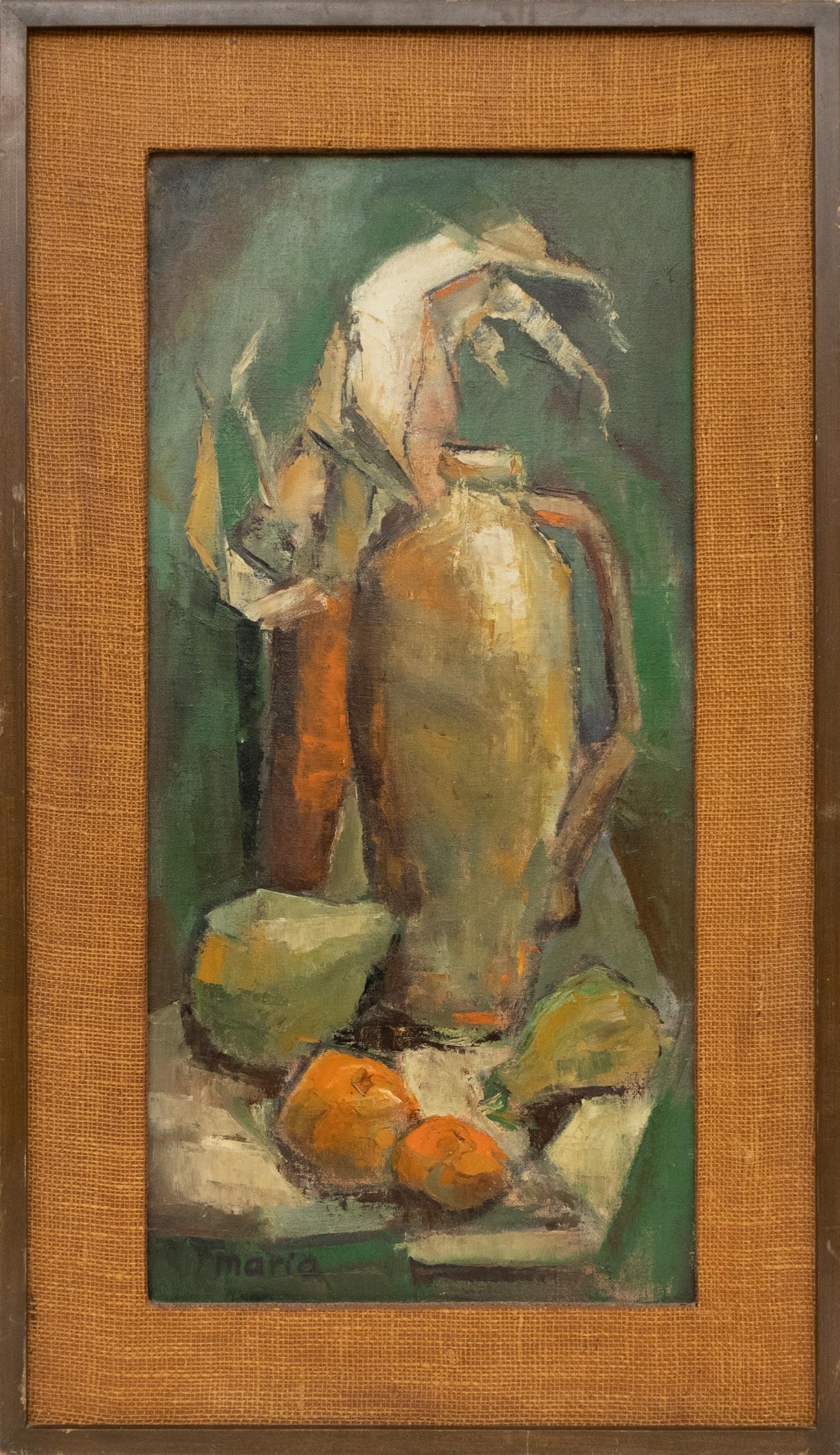 Pittura ad olio su natura morta dei primi del Novecento - Bottiglie e frutta, opera d'arte incorniciata - Painting di Maria Lowenstein