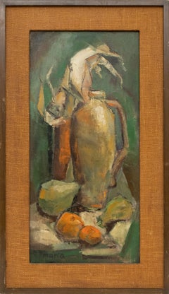 Early 20th-Century Still Life Oil Painting – Bottles & Fruit, Framed Artwork