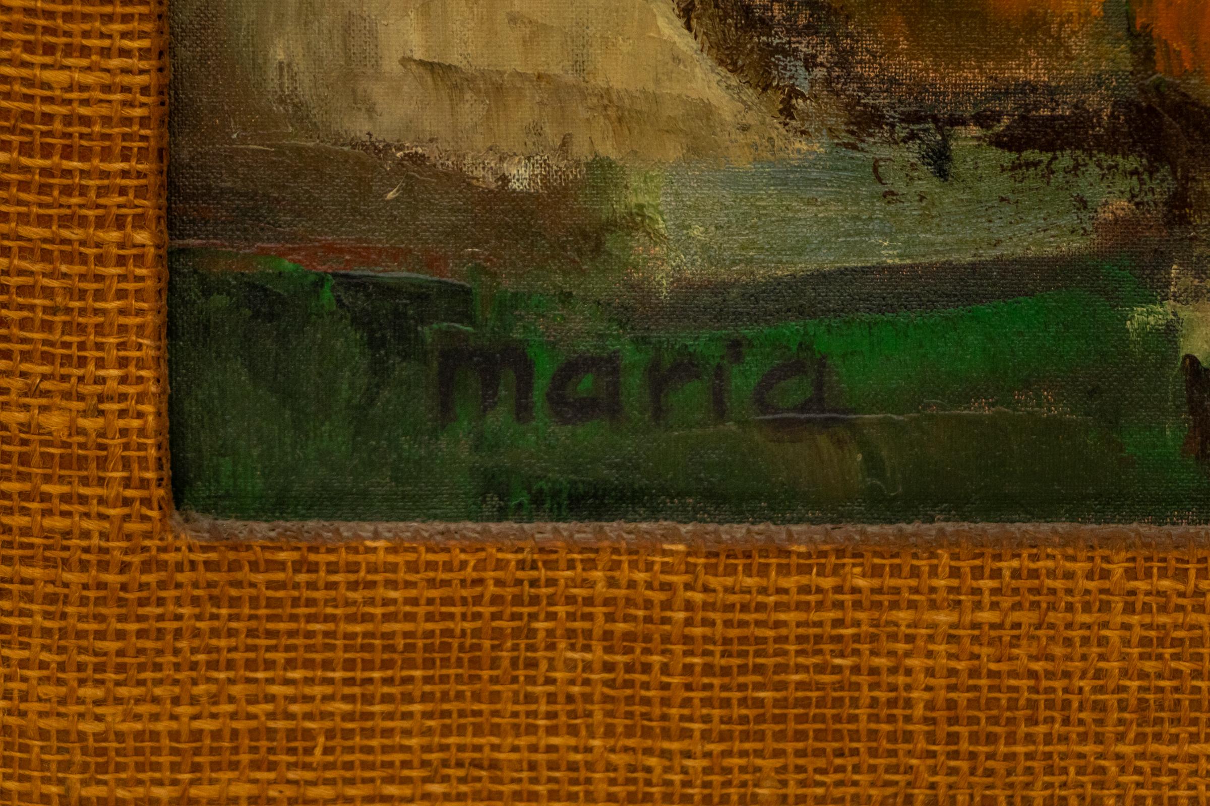 Pittura ad olio su natura morta dei primi del Novecento - Bottiglie e frutta, opera d'arte incorniciata - Painting Impressionismo americano di Maria Lowenstein