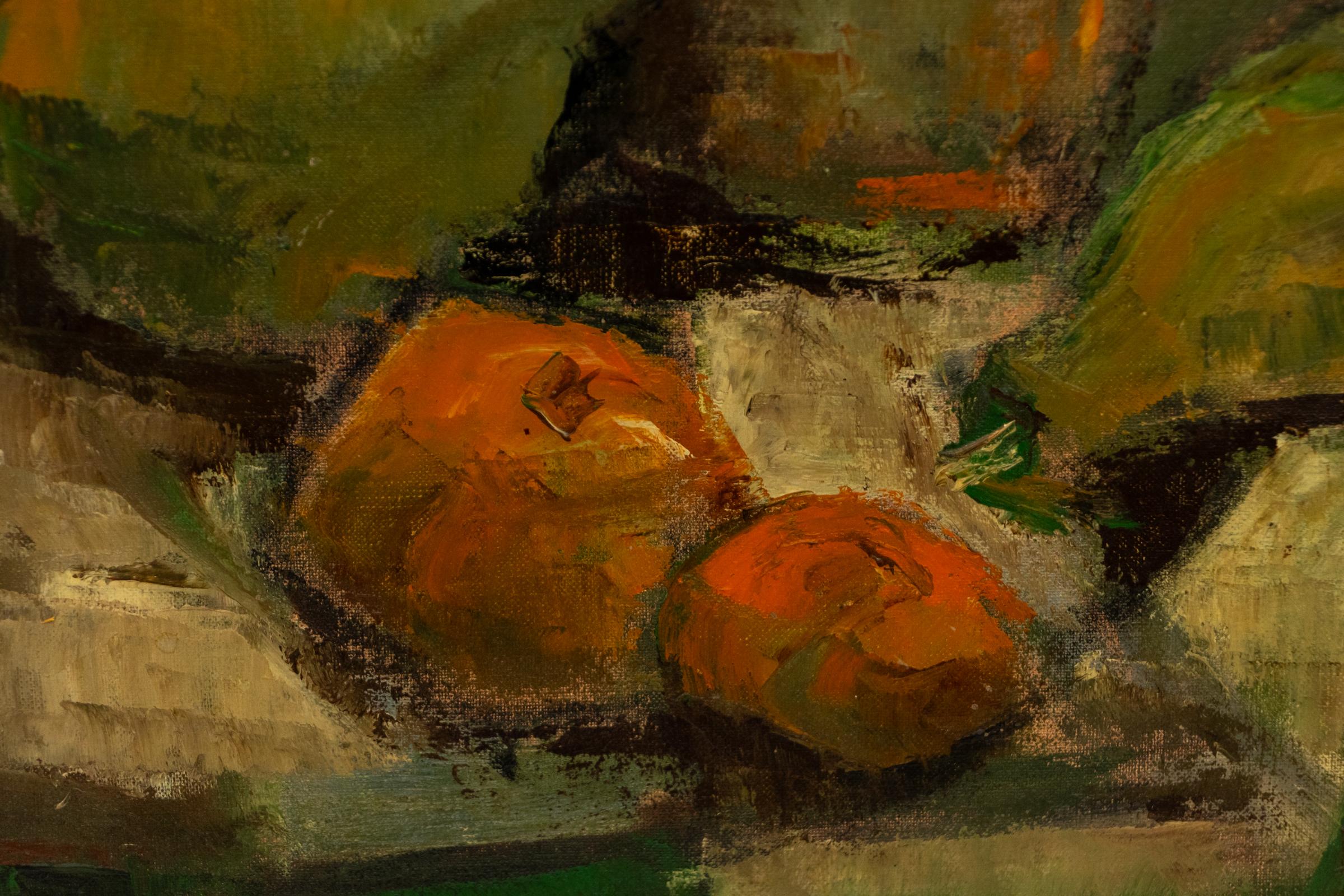 Pittura ad olio su natura morta dei primi del Novecento - Bottiglie e frutta, opera d'arte incorniciata - Still-Life Painting Marrone di Maria Lowenstein
