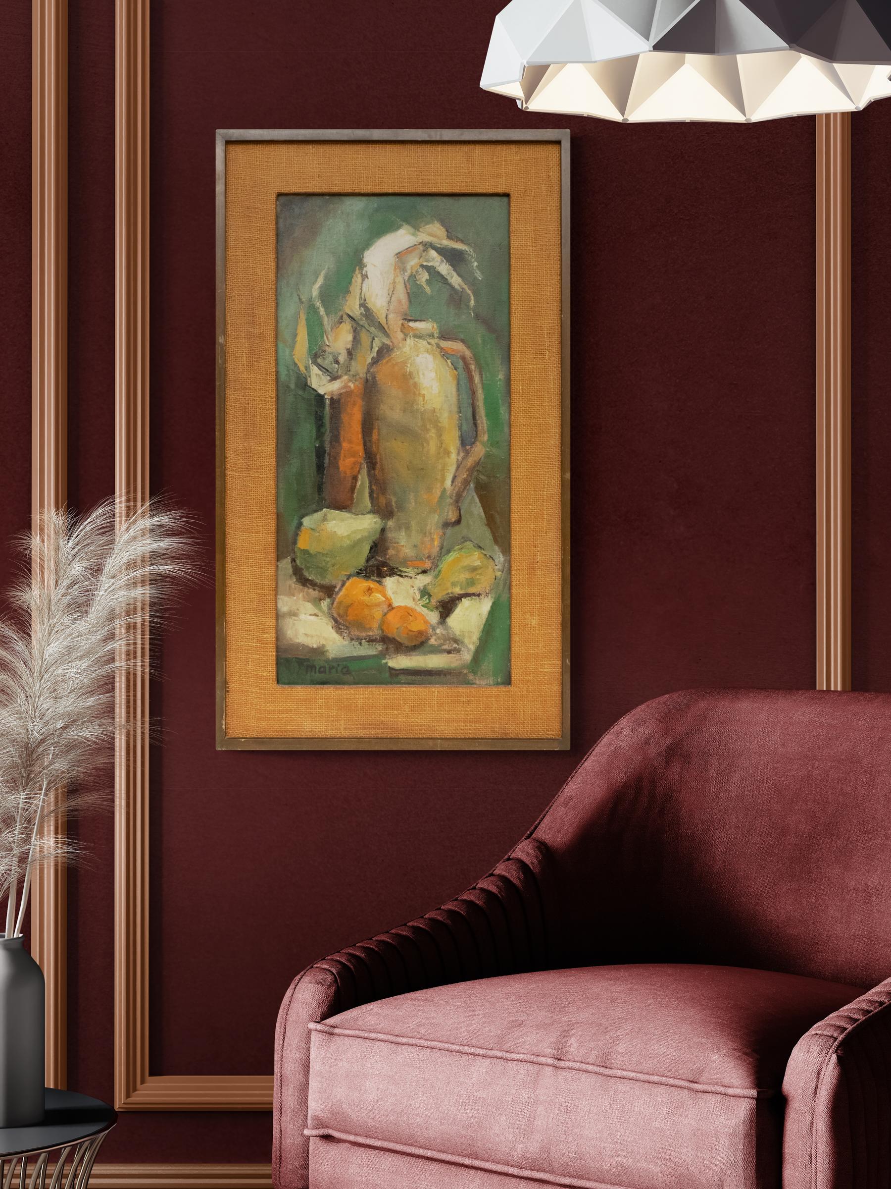 Pittura ad olio su natura morta dei primi del Novecento - Bottiglie e frutta, opera d'arte incorniciata in vendita 3