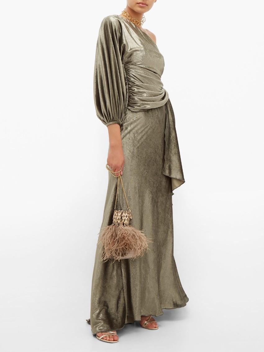 Maria Lucia Hohan Amaris Khaki Lurex Velvet One Shoulder Gown For Sale 2