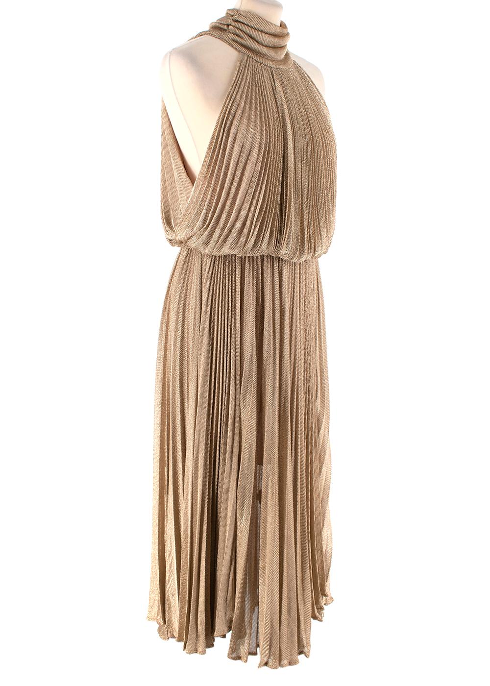 Maria Lucia Hohan Gold Metallic Pleated Dress

- Sleeveless
- High-neck
- Open back
- Button closure at the nape and concealed zip closure at the back 
- Elasticated waistband
- Fully lined

Materials:
59% Viscose
40% Lurex
1% Spandex

Dry clean