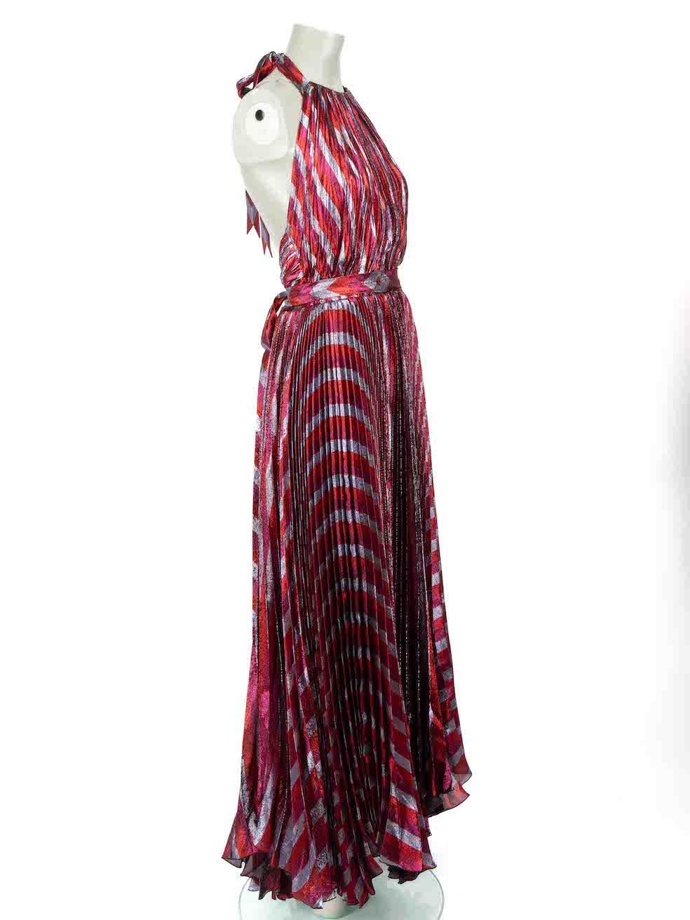 CONDITION is Very good. Hardly any visible wear to dress is evident on this used Maria Lucia Hohan designer resale item.
 
Details
Multicolour metallic
Silk
Dress
Pleated
Striped
Halterneck
Back neck tie
Sleeveless
Open back
Maxi
Back zip and hook