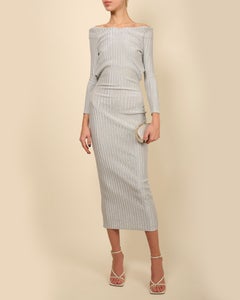 Maria Lucia Hohan silver lurex off the shoulder midi maxi body con dress FR 34
