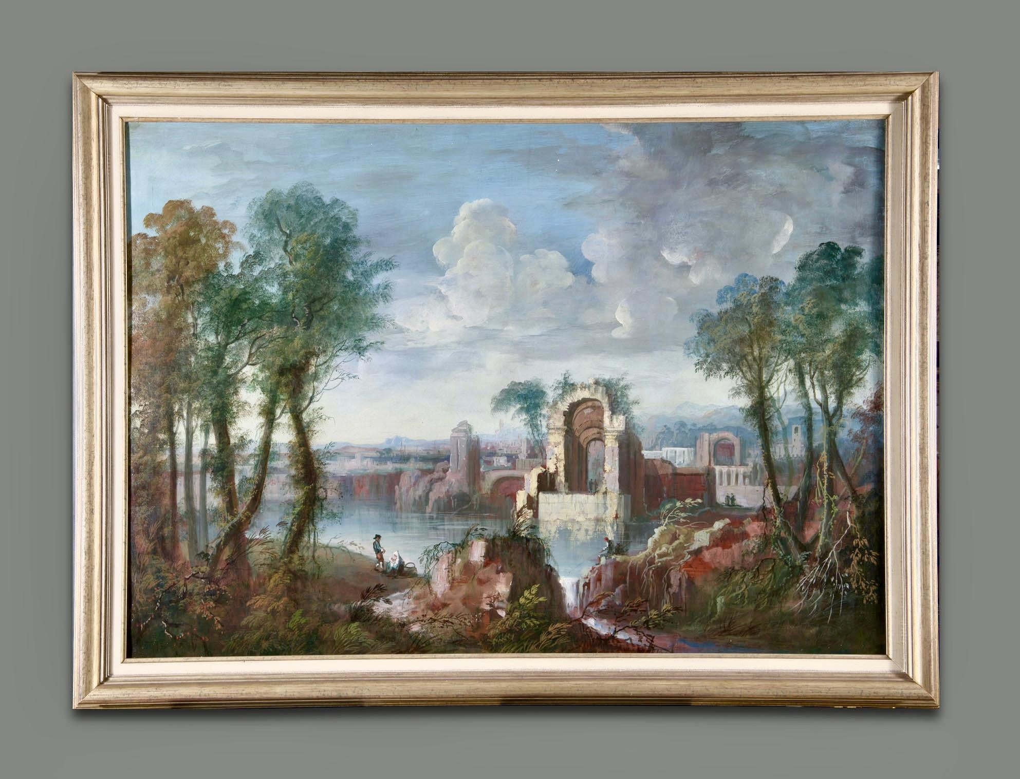 Maria Luigia Raggi 18th Century Italian Capriccio Landscape Painting
This as usual not signed wonderful capriccio, is an important hallmark work credited to Maria Luigia Raggi (1742–1813), a Genoese artist known for her atmospheric, idealized