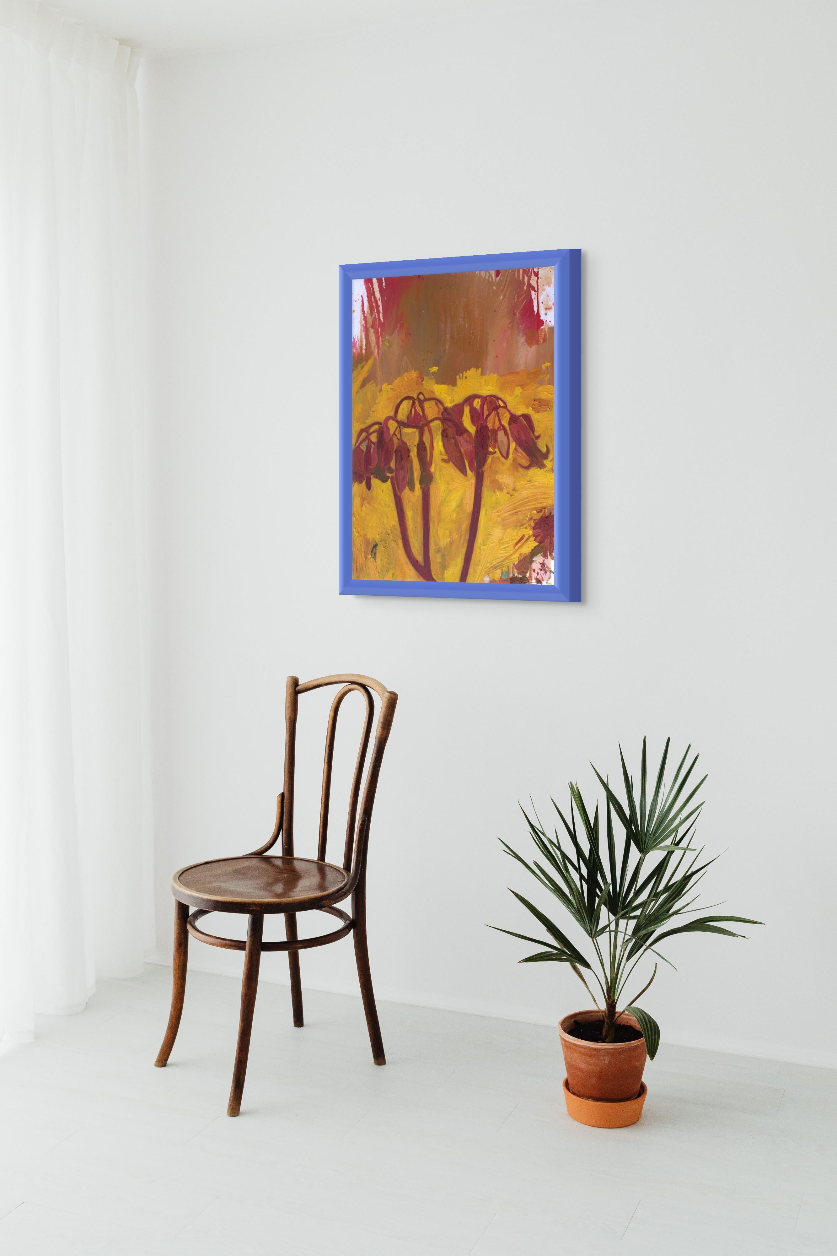 Maria Luísa Capela’s - untitled- (56 × 76 cm, oil on paper) is a vivid exploration of botanical form through expressive colour and intuitive mark-making. The work features deep burgundy stems emerging from a radiant yellow field, creating a striking