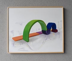 Architectural Acrylic Painting with Color Blocks and Infinity Bridge Motif