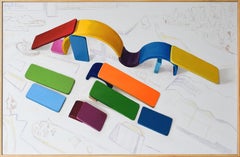 Architektonisches Original-Landschaftsgemälde mit modularen, farbigen Spielzeugkonstruktionen