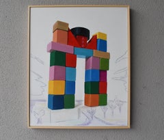 Architectural Toy Block Tower Painting on Canvas Contemporary Urban Landscape