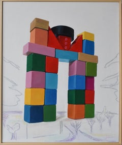 Architectural Toy Block Tower Painting on Canvas Contemporary Urban Landscape
