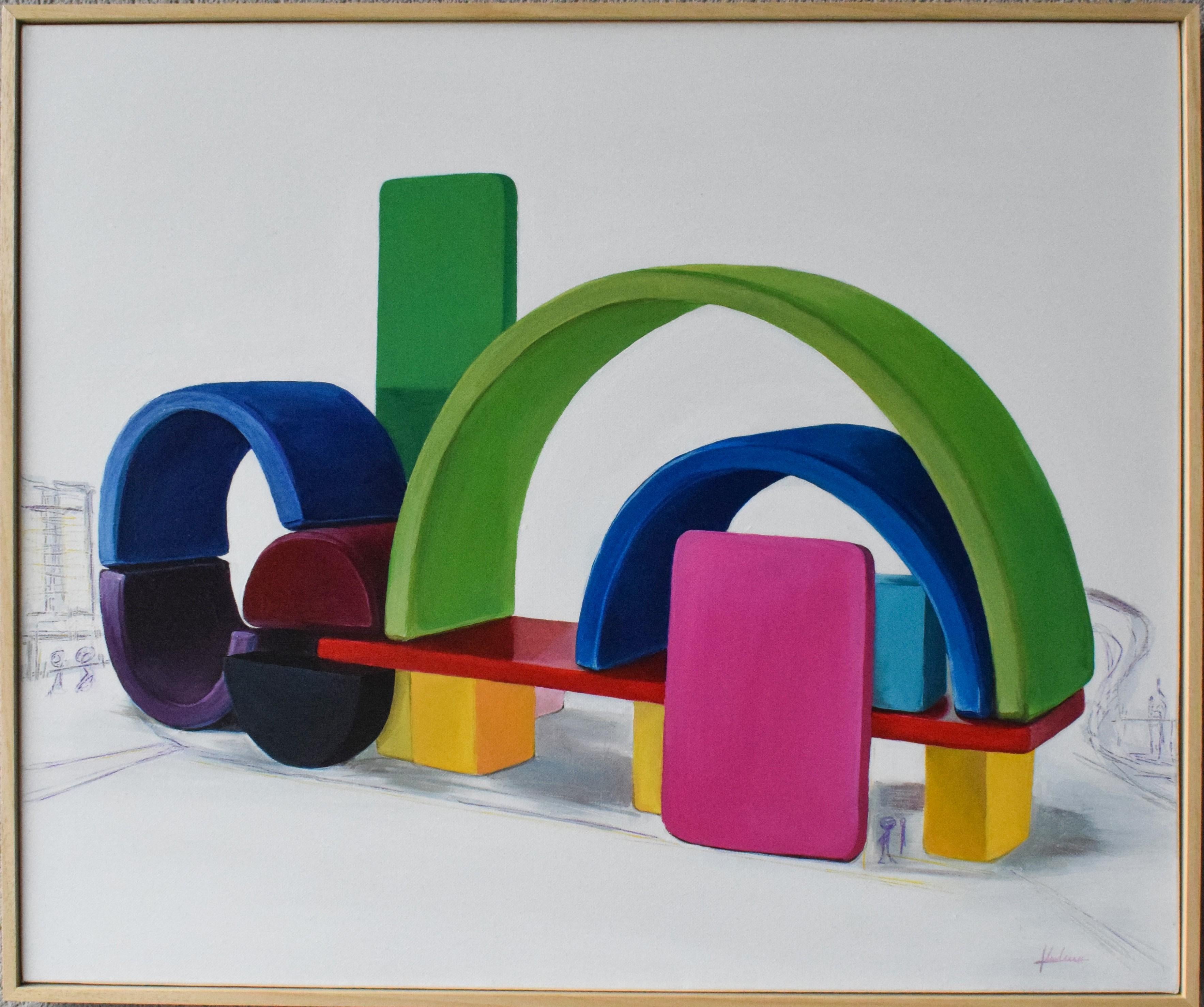 María Magán Lampón Abstract Painting – Verspielte geometrische Malerei mit bunten architektonischen Blöcken und modularen Formen