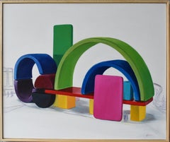 Pittura geometrica giocosa con blocchi architettonici colorati e forme modulari