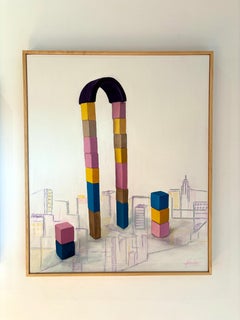 Peinture acrylique architecturale géométrique avec blocs de jouets Gratte-ciel urbain encadrée