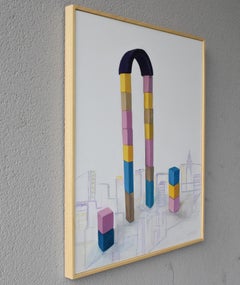 Geometric Architectural Acrylic Painting with Toy Blocks Urban Skyscraper Framed