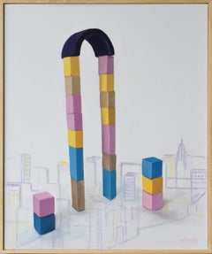 Geometric Architectural Acrylic Painting with Toy Blocks Urban Skyscraper Framed