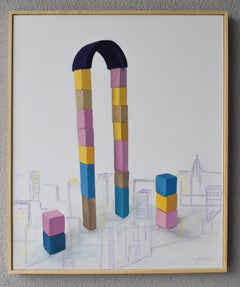 Peinture acrylique architecturale géométrique avec blocs de jouets Gratte-ciel urbain encadrée