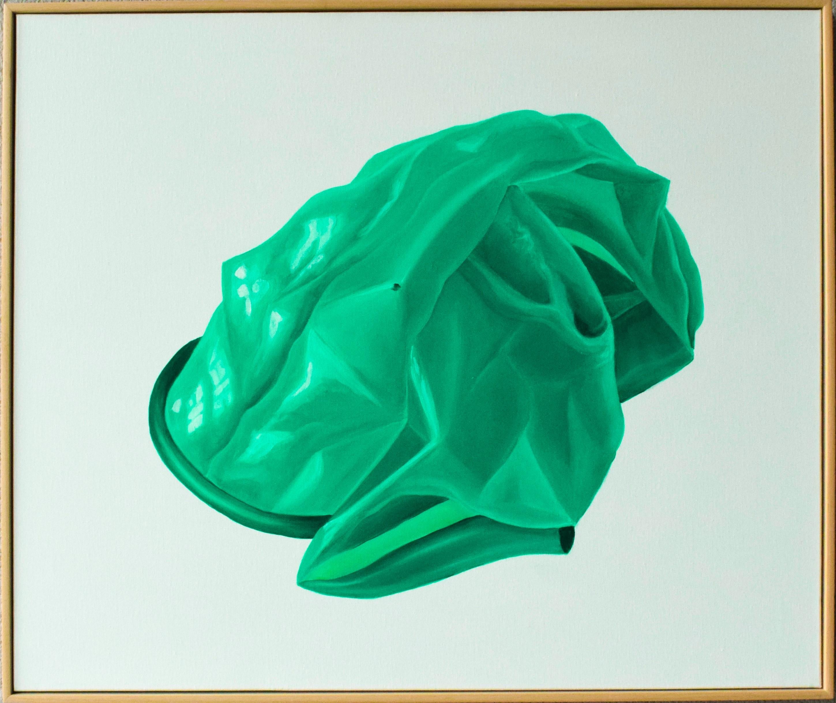 María Magán Lampón Still-Life Painting - Hyperreal Folded Gum Painting Acrylic on Framed Canvas Green Sculptural Object