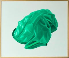 Peinture hyperréaliste représentant un chewing-gum plié, acrylique sur toile encadrée, objet sculptural vert