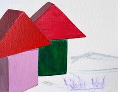 Small Scale Architectural Toy Painting Minimal Geometric House Landscape Framed