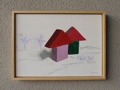 Maisons géométriques colorées avec une jetée, peinture acrylique architecturale ludique