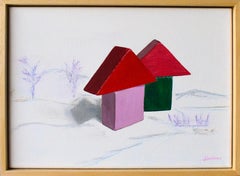 Small Scale Architectural Toy Painting Minimal Geometric House Landscape Framed