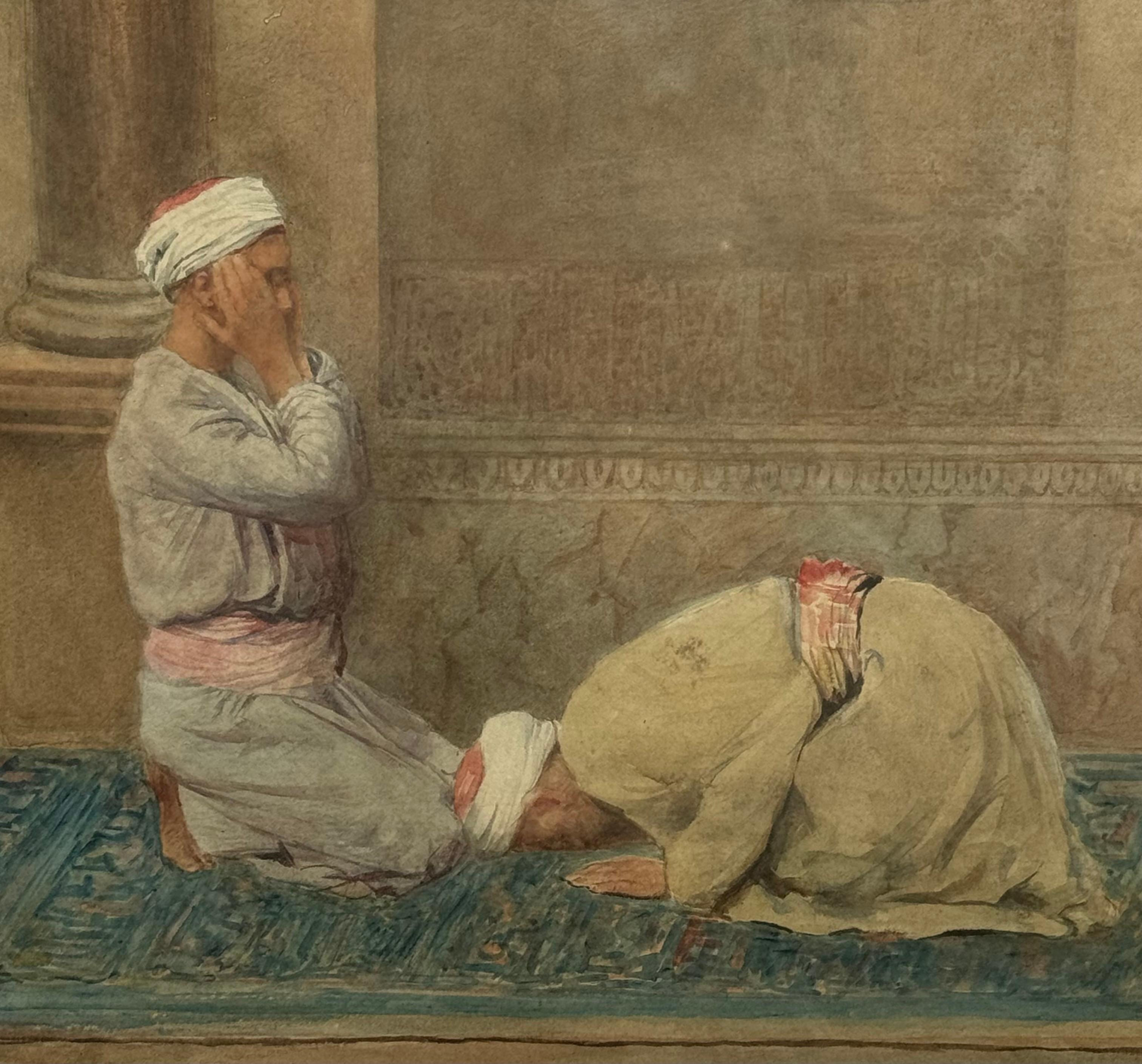 Antique Female American Orientalist painting ARABS PRAYING outside MOSQUE For Sale 6