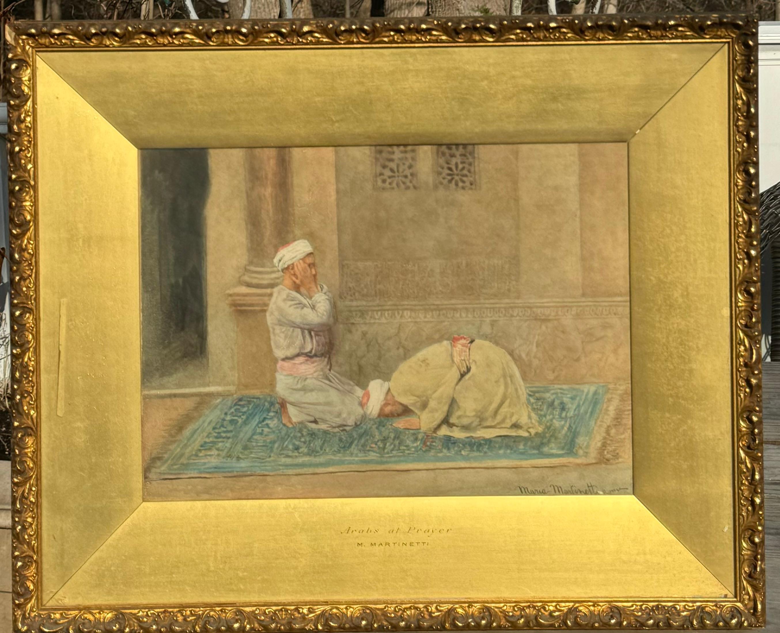 Antique Female American Orientalist painting ARABS PRAYING outside MOSQUE - Painting by Maria Martinetti 