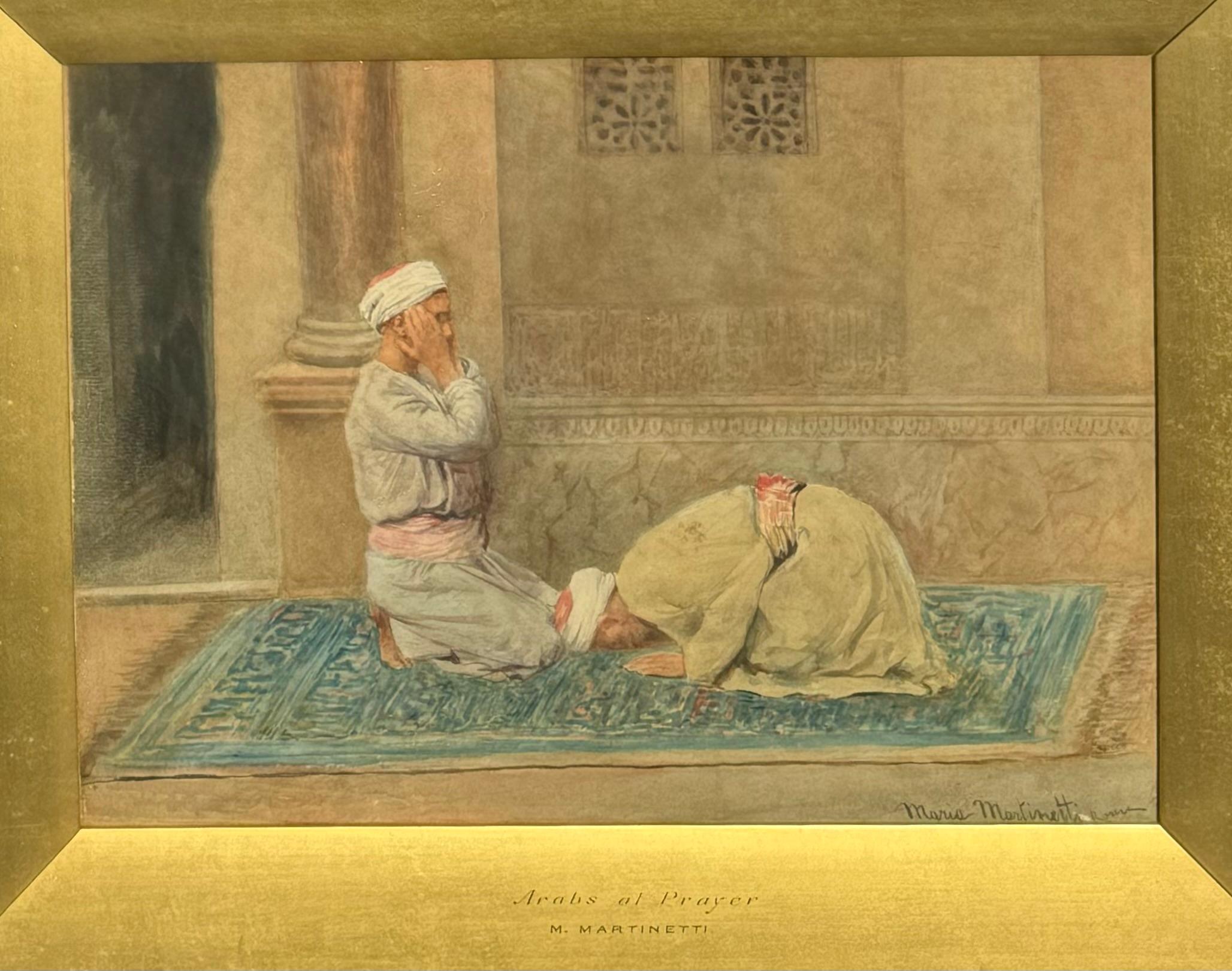 Antique Female American Orientalist painting ARABS PRAYING outside MOSQUE - Academic Painting by Maria Martinetti 