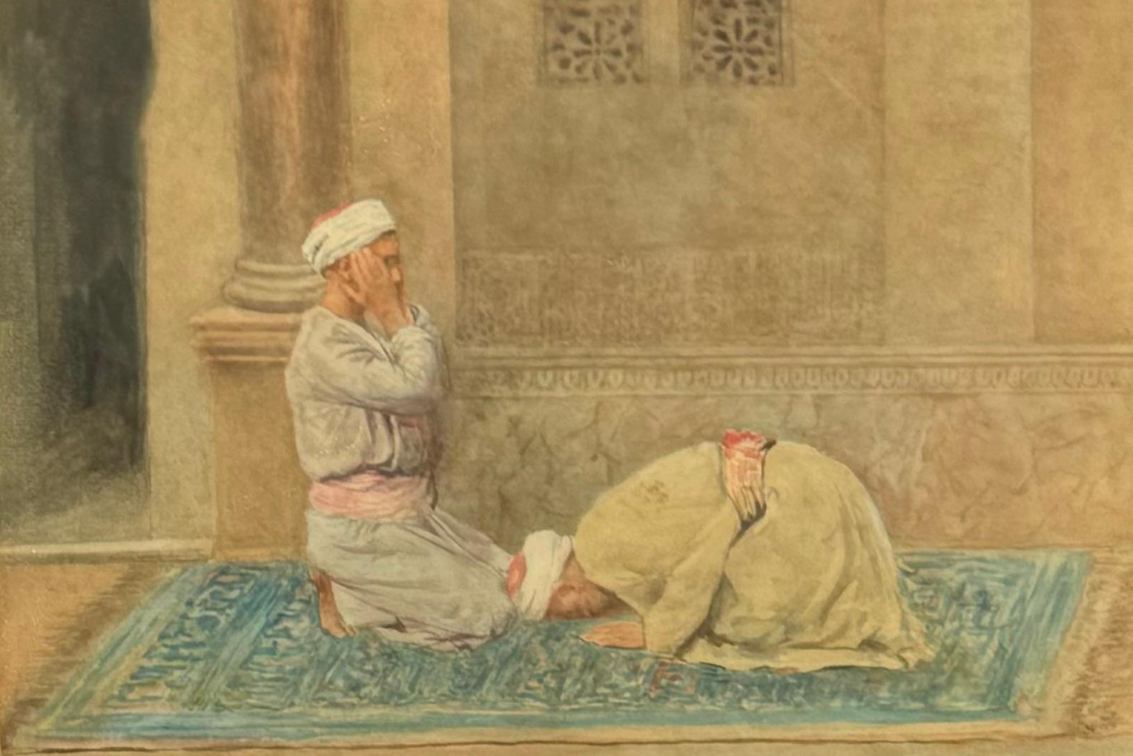 Antique Female American Orientalist painting ARABS PRAYING outside MOSQUE - Brown Figurative Painting by Maria Martinetti 