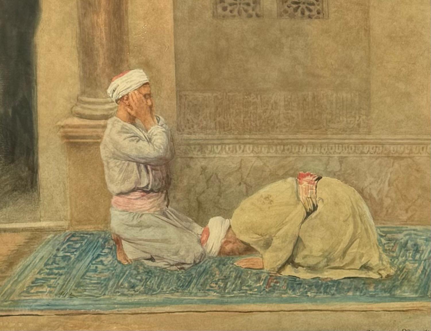 Antique Female American Orientalist painting ARABS PRAYING outside MOSQUE For Sale 1