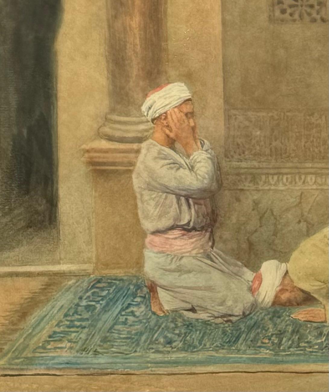Antique Female American Orientalist painting ARABS PRAYING outside MOSQUE For Sale 2
