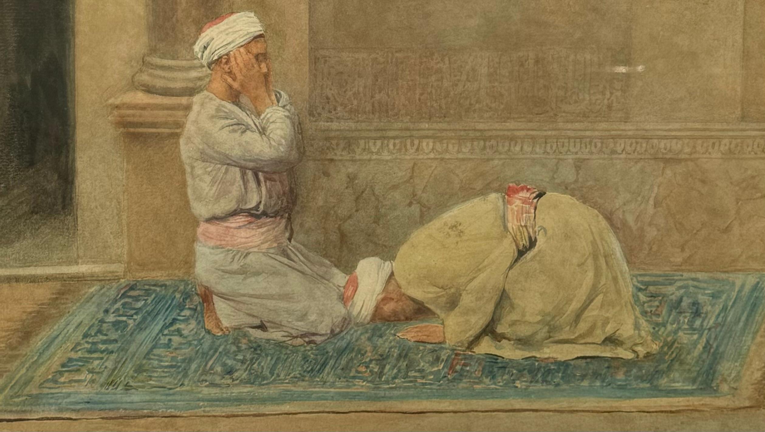 Antique Female American Orientalist painting ARABS PRAYING outside MOSQUE For Sale 3