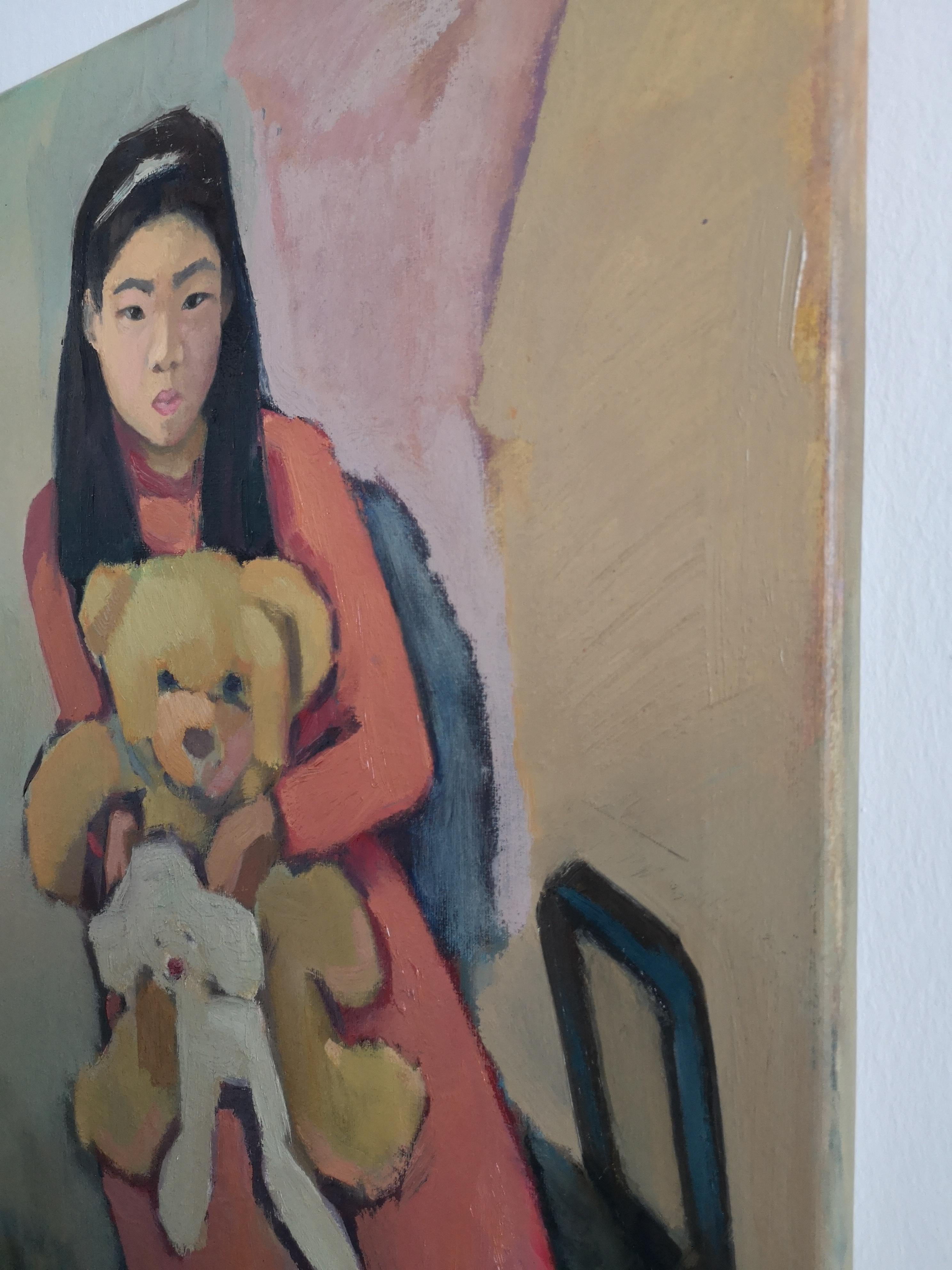 Asiatisches Mädchen Porträt Teddybär Unschuld Spielzeug rosa weichen Farben feine Kunst klassisch – Painting von Maria Matveyeva