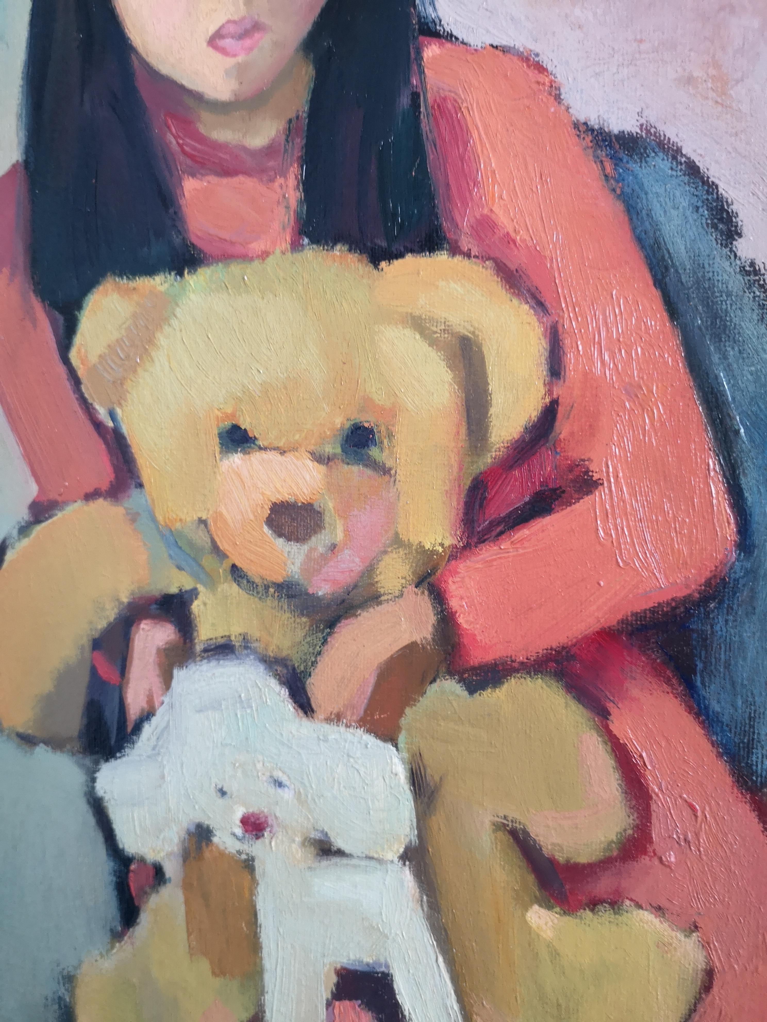Asiatisches Mädchen Porträt Teddybär Unschuld Spielzeug rosa weichen Farben feine Kunst klassisch (Akademisch), Painting, von Maria Matveyeva