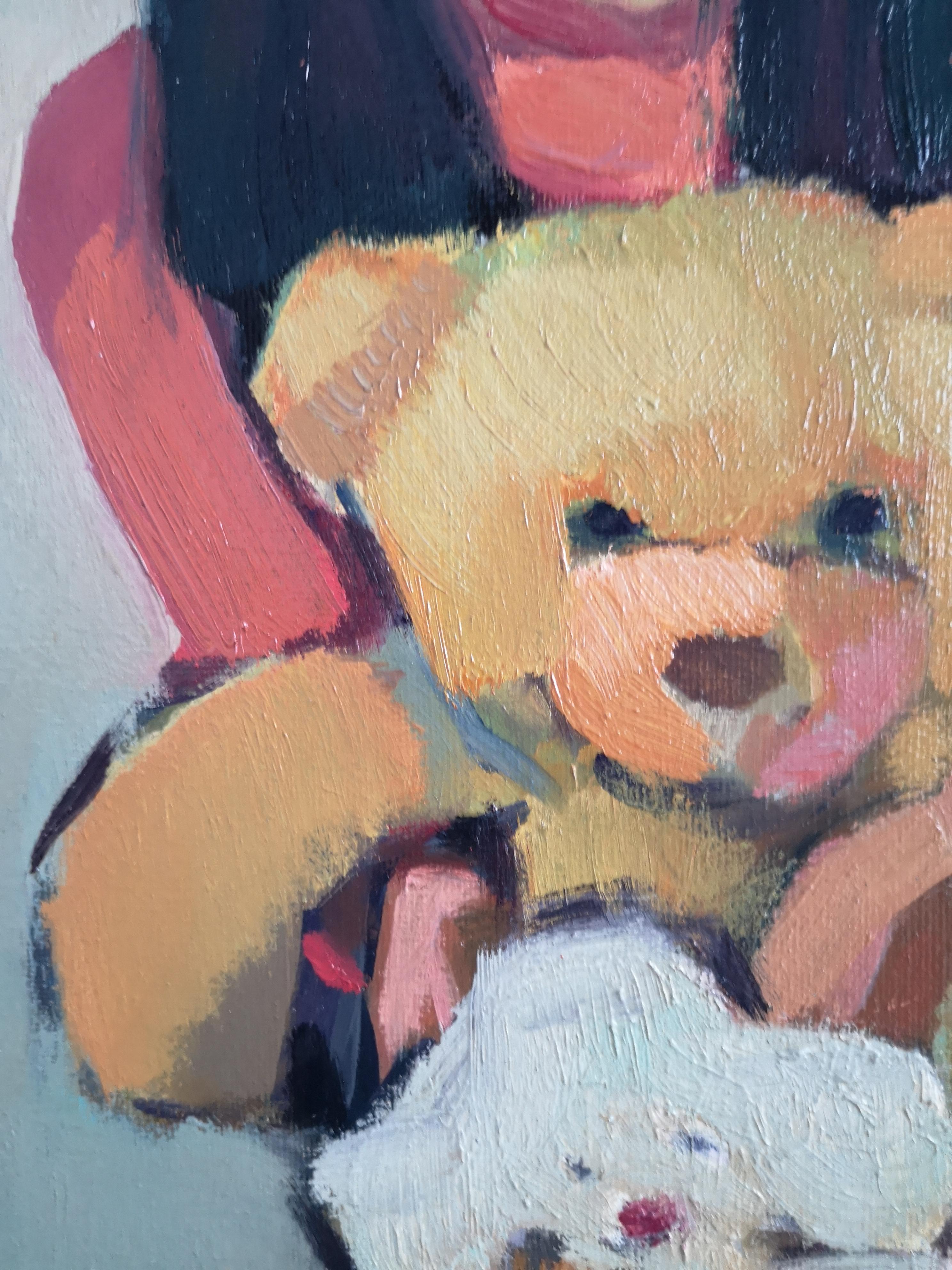 Asiatisches Mädchen Porträt Teddybär Unschuld Spielzeug rosa weichen Farben feine Kunst klassisch im Angebot 1