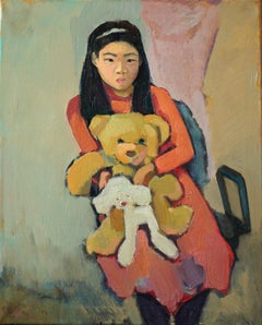 Asian girl portrait Teddy bear innocence toys pink soft colors fine art classic