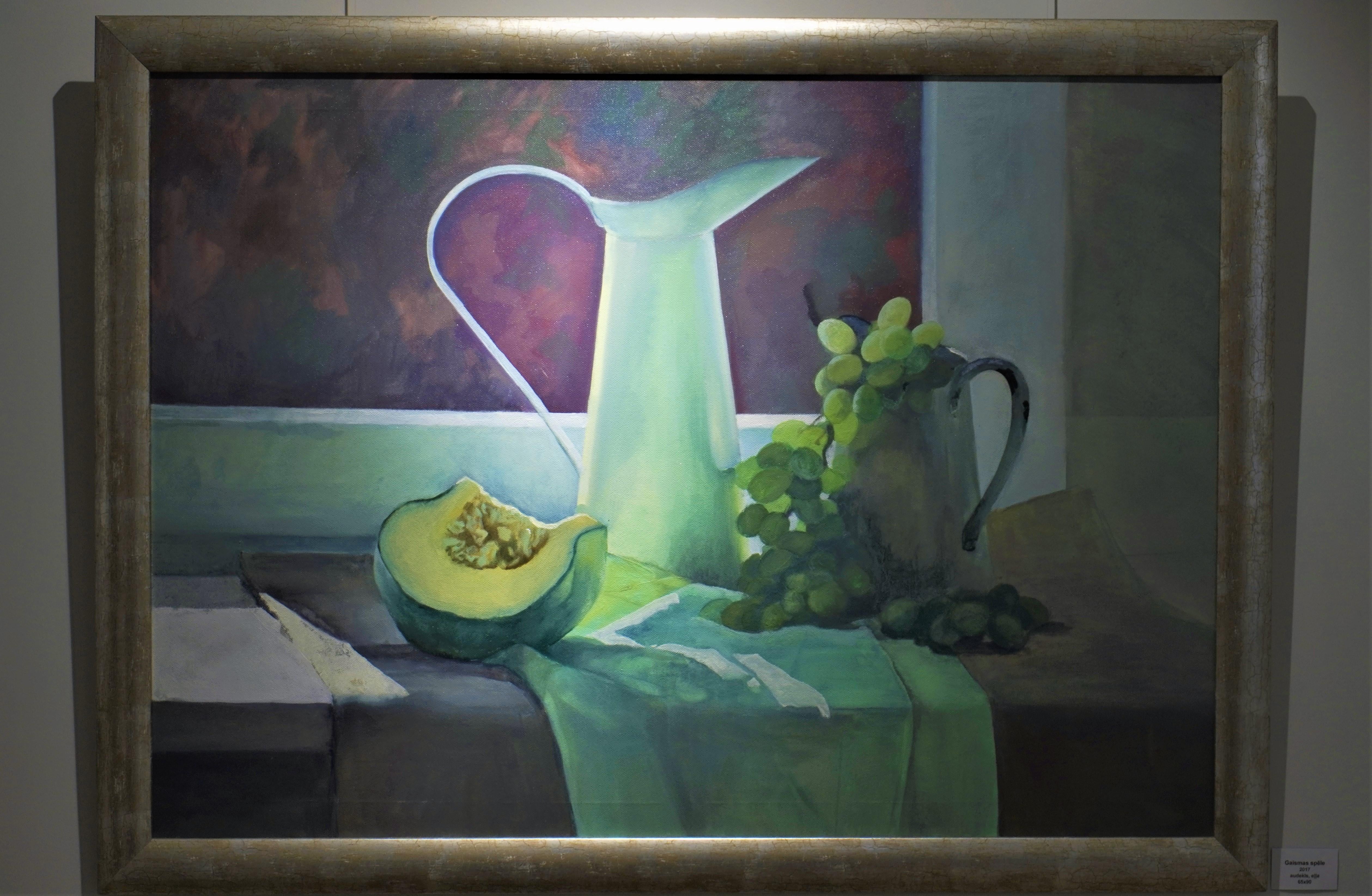 Autumn vibes still life green oil painting gold frame interior realistic light For Sale 2