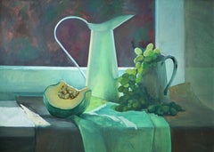 Autumn vibes still life green oil painting gold frame interior realistic light